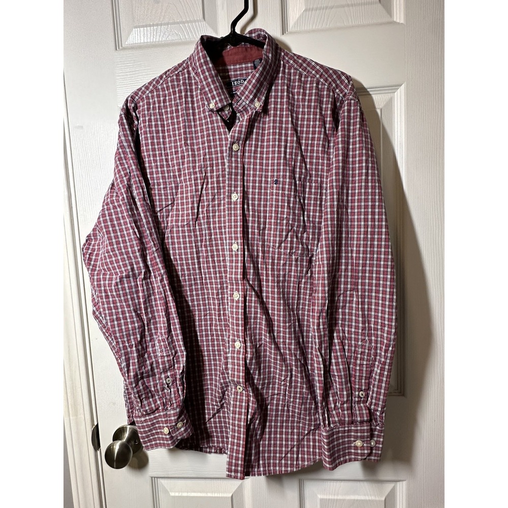 Izod Men's Large Button-Up Dress Shirt Long Sleeve Gently Used Red Plaid